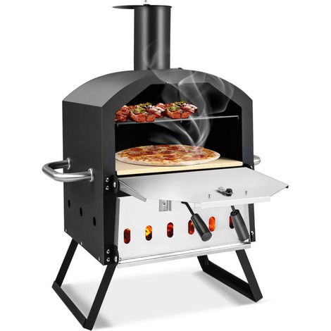 Pieds pliables et poignées anti-brûlure, four à pizza extérieur noir, cuisson de 2 pizzas, bois charbon granulés (1/5)