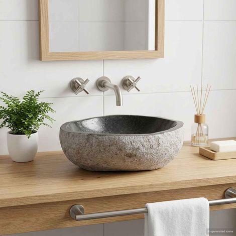 Teenpull – Waschbecken Oval Grau (32-37) x (27-30) x 12 cm Flussstein (1/5)