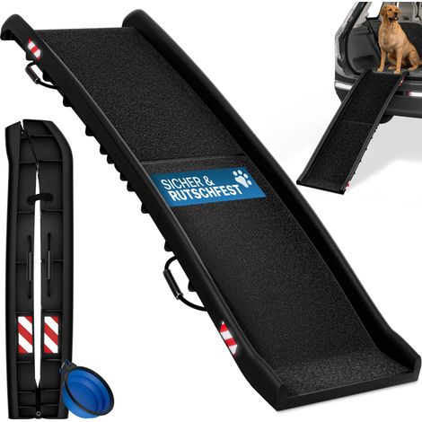 CADOCA® Rampa para Perros Coche Plegable 90 KG Compacta 156x40 cm Asa de Transporte Barra de Seguridad Reflectores Bebedero Perro Gato Cinta Antideslizante