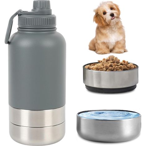 Hunde-Trinkflasche für unterwegs, 950 ml – Isolierte Edelstahl-Trinkflasche mit Futter- und Wassernapf, tragbare Hunde-Trinkflasche, BPA-frei, für Reisen, Spaziergänge und Outdoor-Aktivitäten (Grau, L (1/5)