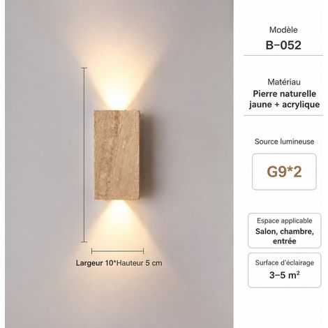 Applique murale rectangulaire 42x8 cm en travertin jaune wabi-sabi LED étanche lumière chaude 29 42 8 51 × 15 × 15 cm 2 g – Livraison gratuite