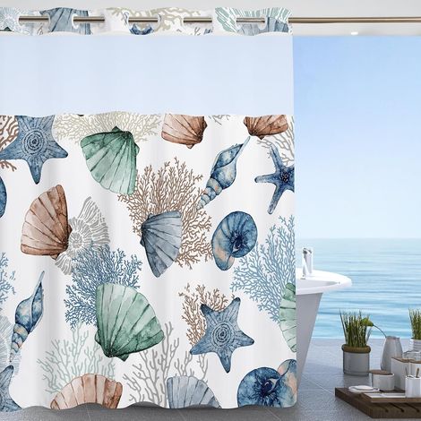 Rideau de douche d'été avec doublure à clipser Haut en maille transparente Ourlet lesté Tissu imperméable Pour hôtel et salle de bain 180 x 180 cm Bleu