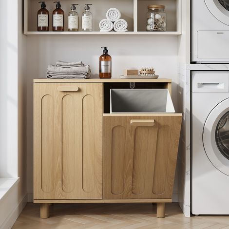 Panier à linge inclinable chêne 66x35x67 cm, bac amovible, meuble de rangement autoportant pour salle de bain et maison (1/5)