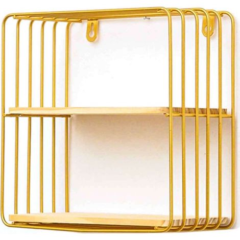 Étagère murale en bois et fer, élégante et raffinée, pour salon, cuisine et salle de bain. Étagère carrée à double niveau dorée. (1/5)