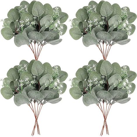 24 Tiges d'Eucalyptus Artificielles avec Fleurs Blanches, Branches de Feuillage Rond pour Décoration de Mariage, Plante Fausse (1/5)