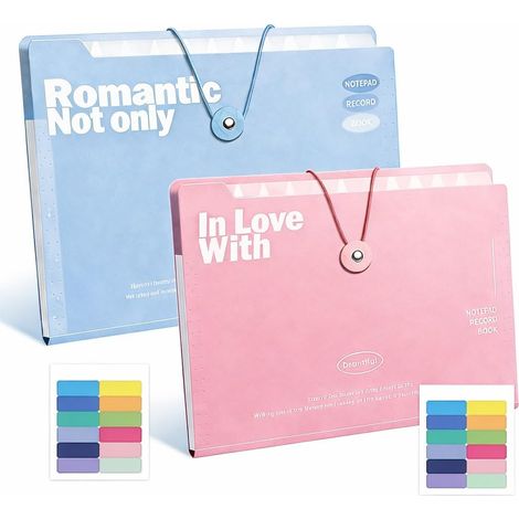 Cartella portadocumenti espandibile formato A4 a 12 scomparti, set da 2 (rosa e blu), organizer per documenti con 24 etichette colorate, sistema di archiviazione a fisarmonica.