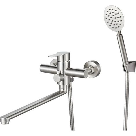 Robinet de baignoire avec douchette, mitigeur de baignoire avec bec de 30 cm de long, mitigeur mural pour baignoire et douche, finition brossée. (1/5)