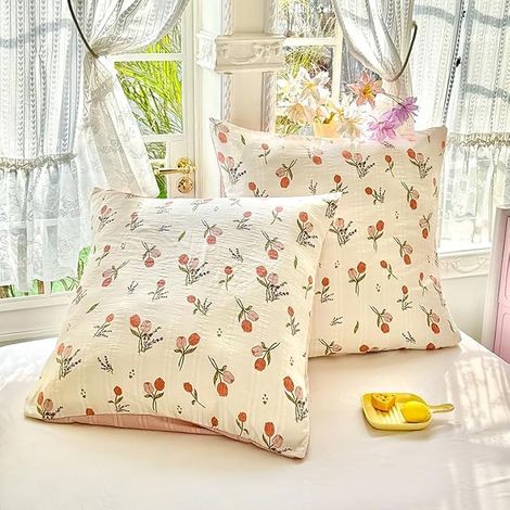 Lot 2 taie d’Oreiller 80 x 80 cm - imprimé Floral en Seersucker Beige - crème Microfibre (1/5)