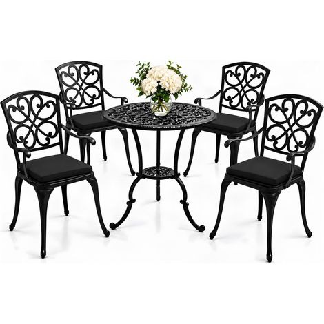 Centurion VIVALDI Black 5-Piece Cast Aluminium Garden Bistro Set - Rust-Proof Round Table with Parasol Hole & 4 Large Armchairs - with Black Cushions (1/5)