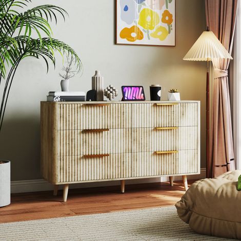 Commode 6 tiroirs scandinave avec poignées et pieds de pin, pour chambre à coucher, salon, couloir, chêne, 120x40x76cm