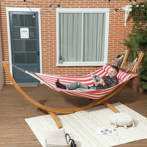 Hamac sur pied 1 place. hamac avec support en bois oreiller de tête. lit en coton. 310x118x120cm. rouge et blanche