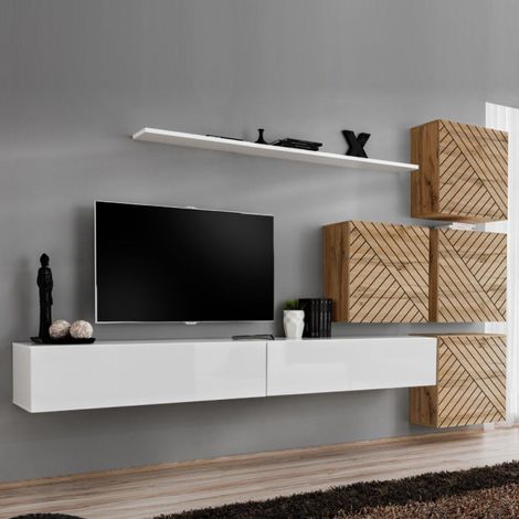 Ensemble Meuble TV "Switch Lamel IX" 310cm Blanc & Naturel (1/5)