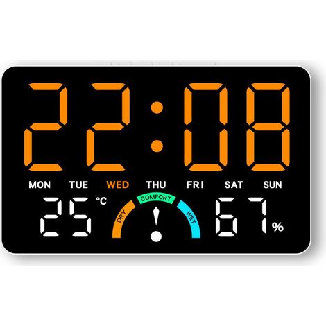 Réveil numérique LED, affichage de la température et de l'humidité, grand écran, fixation murale ou sur table, modèle GH9007, boîtier blanc, lampe orange (1/5)