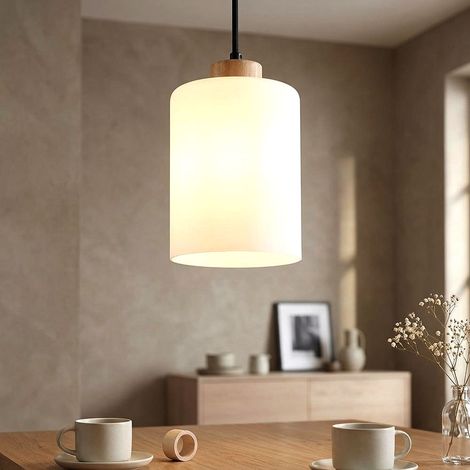 Suspension LED, lampe de salle à manger, hauteur réglable, bois et verre, Ø 15 cm (1/5)