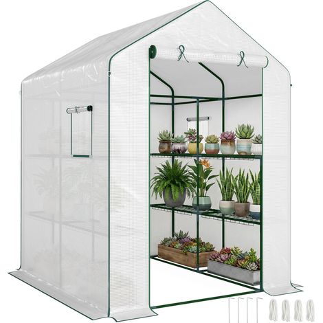 Serre de jardin avec 1 porte 2 fenêtres étagères 3 niveaux pour Légumes Plantes Fleurs Bâche PE 140 x 143 x 190 cm blanc