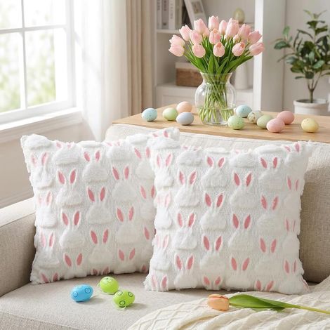 Lot de 2 Housses de Coussin de Pâques, Motif de Lapin de Pâques en Velours de Laine Court, 45 x 45 cm Luxe Style pour canapé, décoration de Chambre (1/5)