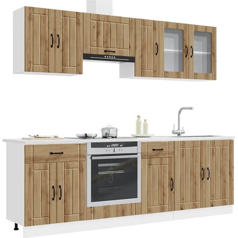 Ensemble d’armoires de cuisine 8 pièces en bois d’ingénierie et verre chêne artisanal - PANGIVO (1/5)