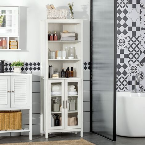 Colonna da bagno Kleankin con 2 ante in vetro e 3 ripiani, mobile ausiliario in stile moderno, 53x30x162 cm, bianca.