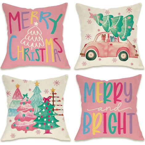 Fundas de cojín decorativas rosas con diseño de Feliz Navidad, juego de 4 fundas, 45 x 45 cm, diseño de árbol de Navidad y coche, para porche o patio. (1/4)