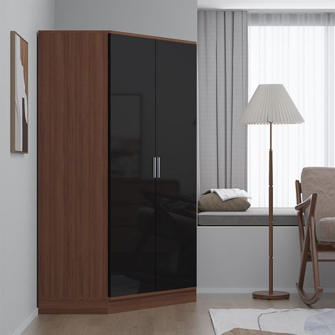 Reflect 2 Door Corner Wardrobe - Black Gloss & Walnut - 2 Hanging Rails & 8 Shelves - Modern Design (1/5)