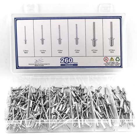 Lot de 260 rivets aveugles - 6 tailles (M3.2/M4/M4.8) - Rivets aveugles en aluminium robuste - Convient pour métal, bois, meubles et construction navale - Kit de fixation multifonction (1/5)