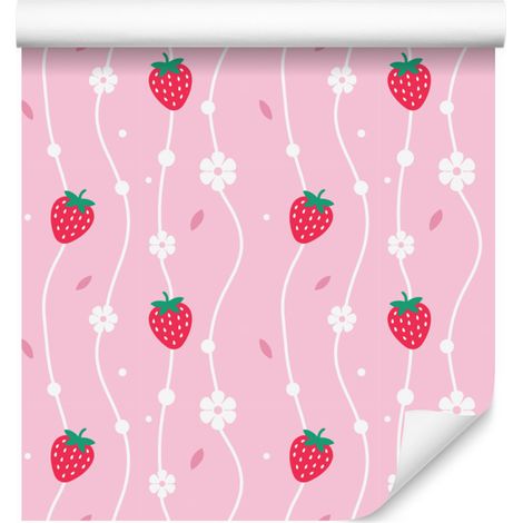 Papier peint Fraises et Marguerites Rose poudré, Blanc et Rose 50x1000 cm (1/4)