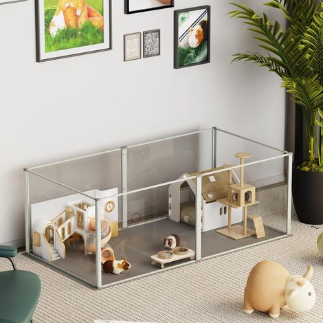 Enclos Lapin Intérieur Modulable: Parc Cochon d'Inde en Métal avec Fond - Cloture pour Petits Animaux Hamster Rongeur en Acrylique 124x63x40cm (1/5)