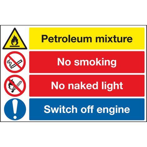 Panneau interdiction, avec pictogramme : Défense de fumer "No Smoking No Naked Lights, Warning Petroleum Mixture ( Prix pour 1 )