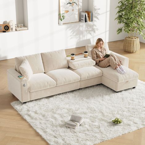 Canapé d'angle en Tissu Chenille Beige,2 Accoudoirs avec Rangement + Table Basse Réglable à 2 Porte-Gobelets,Chargement,modulaire Gauche/Droit (1/5)