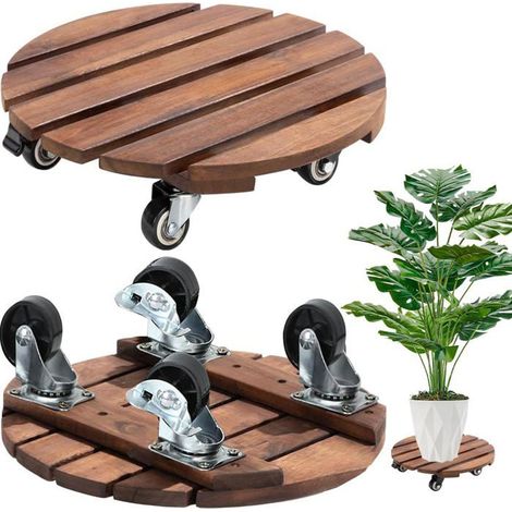 Lot de 2 supports de plantes à roulettes à 360° avec roues verrouillables - Support de pot de fleurs en bois robuste (1/4)