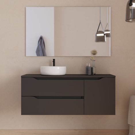 Meuble de salle de bain 120cm avec plateau, vasque à poser déportée à gauche Ares et miroir - 2 tiroirs et un placard - noir - ZARZA