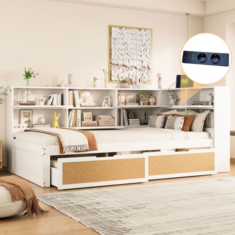 Letto Singolo Multiuso 90x200 cm, con Cassetto e Scomparti, in Legno, Bianco, per Camera Bambini (Senza Materasso) (1/5)