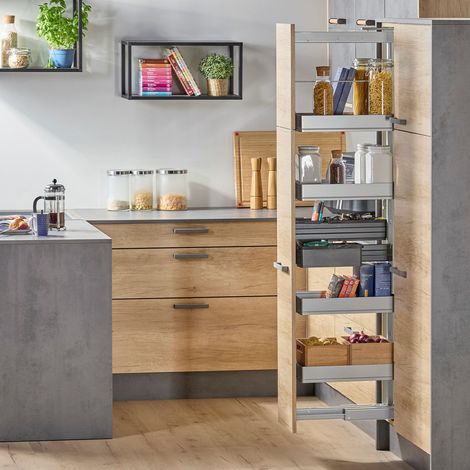 Kesseböhmer Dispensa Sets silbergrau mit ARENA Pure Tablaren silber/dunkelgrau, Höhe von 1200-1600 mm, 4 Tablare für 400 mm Schrankbreite