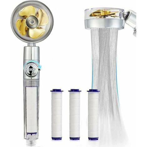 royaluxe - Douchette à main, pommeau de douche anti-calcaire à économie d'eau, pommeau de douche à hélice haute pression rotatif à 360 °, système de filtre à trois étages avec 3 cotons PP remplaçables (1/5)