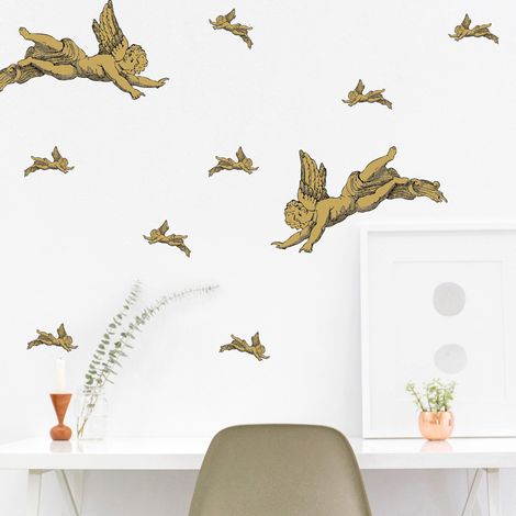 Sticker autocollant décoratif Noël, 68 cm X 24 cm, illustration d'anges dorés, déco intérieure festive pour Noël, 68 cm X 24 cm. (1/2)