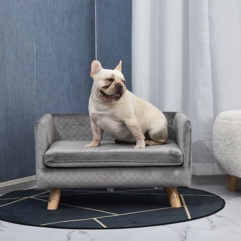 Canapé chien lit pour chien design scandinave coussin moelleux pieds bois massif dimensions 64 x 45 x 36 cm velours gris