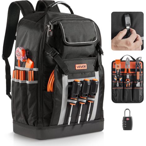 Sac à Dos à Outils, Charge 45,3 kg, Sac à Outils, 38x23x54,6 cm, avec 56 Poches, Compartiment Ordinateur Portable, Base, Organisateur à Outil Robuste pour Chantier, Électricien, Réparateur CVC (1/5)