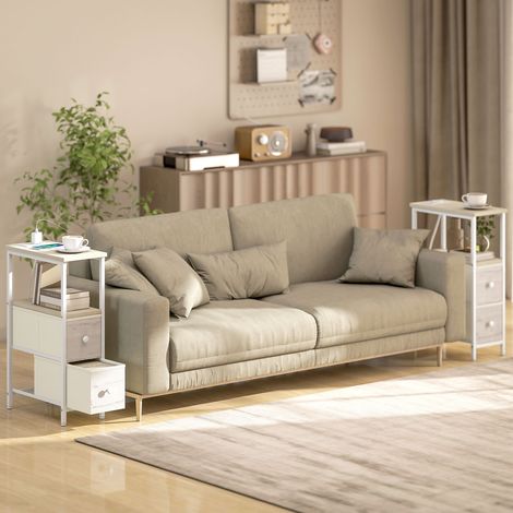 Ensemble de 2 tables d'appoint étroites avec prise secteur, port USB, port USB-C et 2 tiroirs, revêtues de tissu naturel.