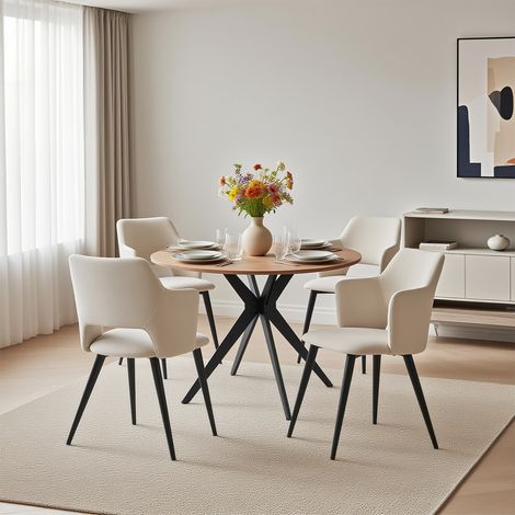 MEUBLES COSY Ensemble de table à manger 5 pièces, table ronde avec pieds croisés en métal + 4 chaises de salle à manger en microfibre beige