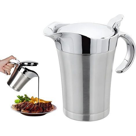Edelstahl Thermo Sauciere,450ml Soßenschüssel,Thermo-Sauciere mit Deckel,Soßenkanne aus doppelwandigem Edelstahl,Eleganter Silberner Saucenkrug für Soße Sahne Sauce Senf Mayonnaise