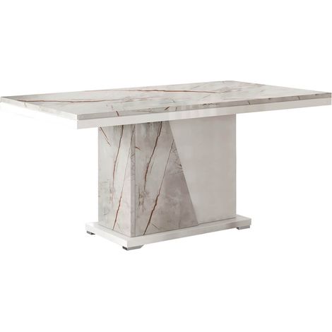 Altobuy – Table de salle à manger rectangulaire 160x90cm – Pied central blanc – Revêtement imitation marbre brillant – 6 places (1/3)