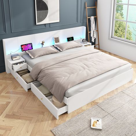 Lit double 180 x 200 avec port USB,Lit coffre en bois,éclairage LED et prise électrique,contrôlable via application,2 tables de chevet avec tiroirs (1/5)