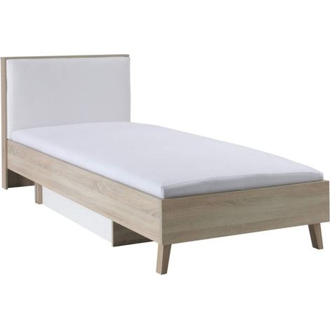 Cama infantil 90x200 con cajón de almacenamiento MALMO - Color roble claro y blanco