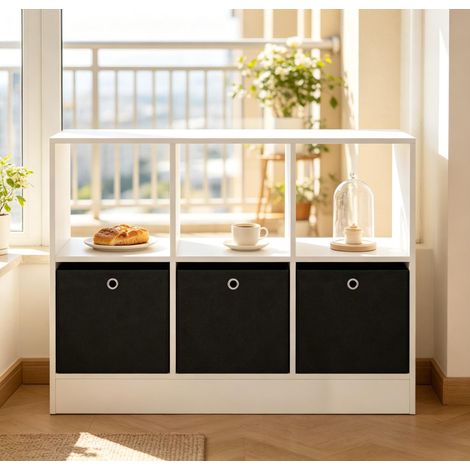 Mobile libreria cubo 80 x 30 x 61 cm con 3 cassetti in tessuto, bianco e nero DESVIAE (1/5)