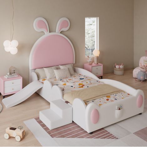 Lit enfant 90x200cm Tête de lit oreilles de lapin PU Structure métallique et lattes Blanc et rose (Sans matelas)