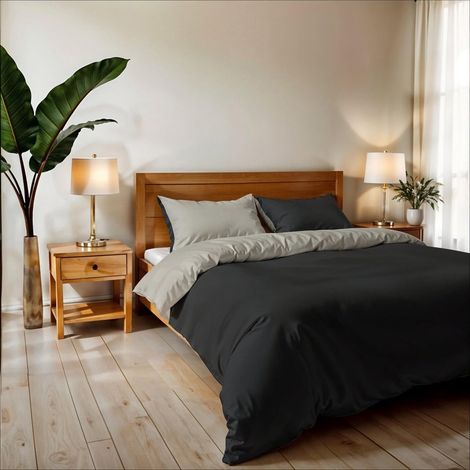 Housse de Couette Double, uni réversible, Parure de Couette, avec Housse de Couette 250×200 cm, Rabat 20+50 cm + Paire de taies d’Oreiller 50×80 cm Gris fumée/Gris Clair (1/5)