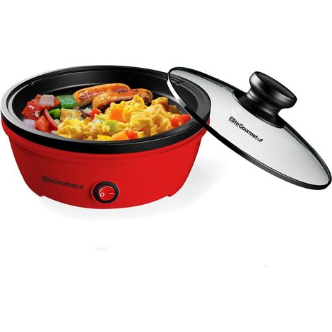 Poêle électrique antiadhésive de 650 W, chauffage rapide, couvercle en verre trempé, rouge (1/5)