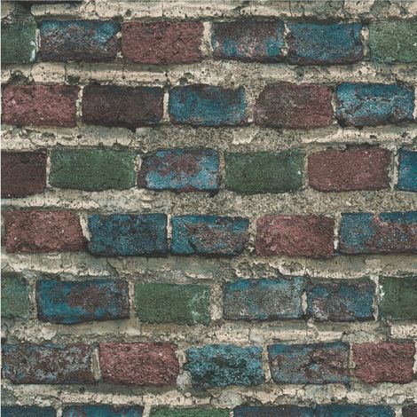 Rasch Textured Teal Brick Wall Wallpaper Vinyl Industrial Paste The Wall