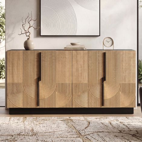 Vitrine 160x42x76 cm 4 portes avec relief, rangement pour salon ou salle à manger, MDF noir et naturel (1/5)