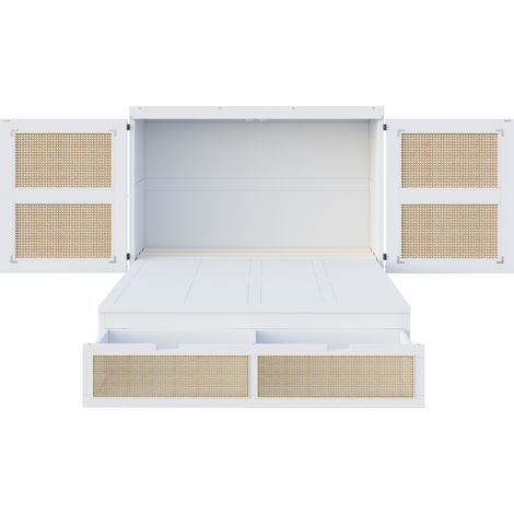 Lit escamotable 140 x 200 cm blanc avec sommier à lattes, rangements et design rotin, HOMVRA (1/5)